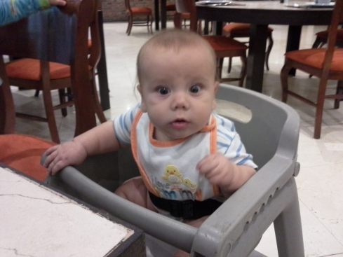 Khalil is a trooper everywhere we go. At the hotel restaurant in Mexico City, Mommy needed to eat without holding the baby, and ta-da! Khalil learned to sit in a high chair. He's  a good traveler, too.
